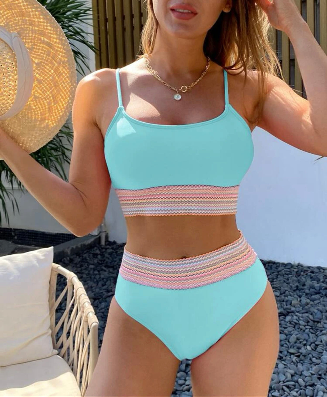 Striped tape high waisted bikini swimsuit