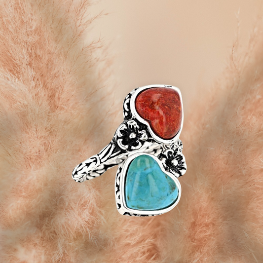 Vintage inspired coral and turquoise decor statement ring. Size 8.