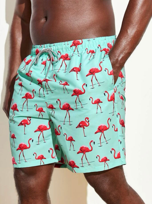 Extended sizes men flamingo print drawstring waist swim trunks