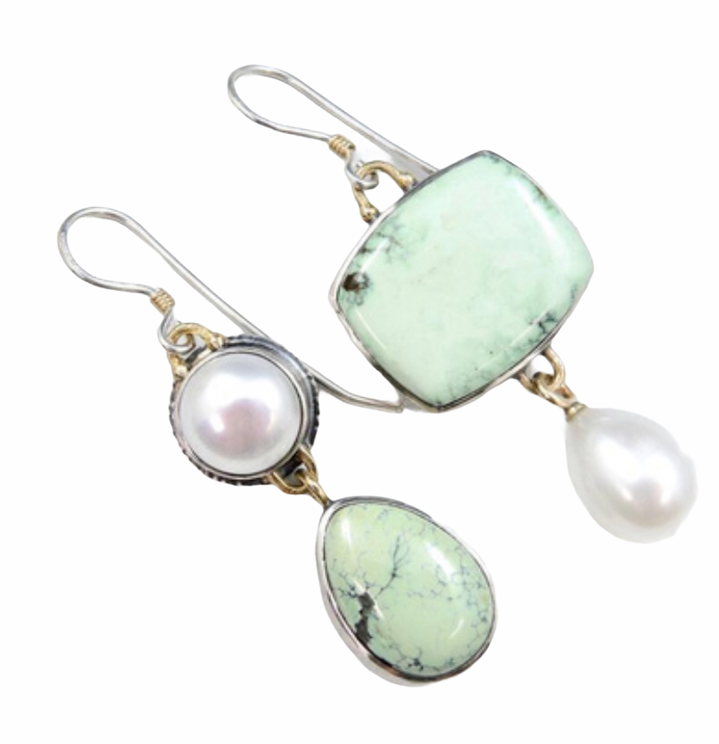 Light green Botswana agate silver Pearl dangle earrings. - Christina’s unique boutique LLC