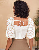 Geo embroidered tie back puff sleeve square neck blouse