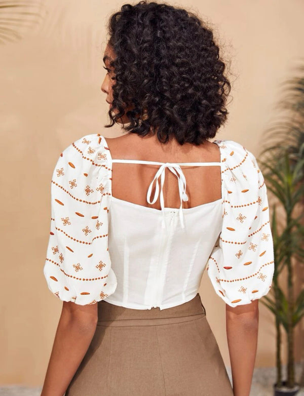 Geo embroidered tie back puff sleeve square neck blouse