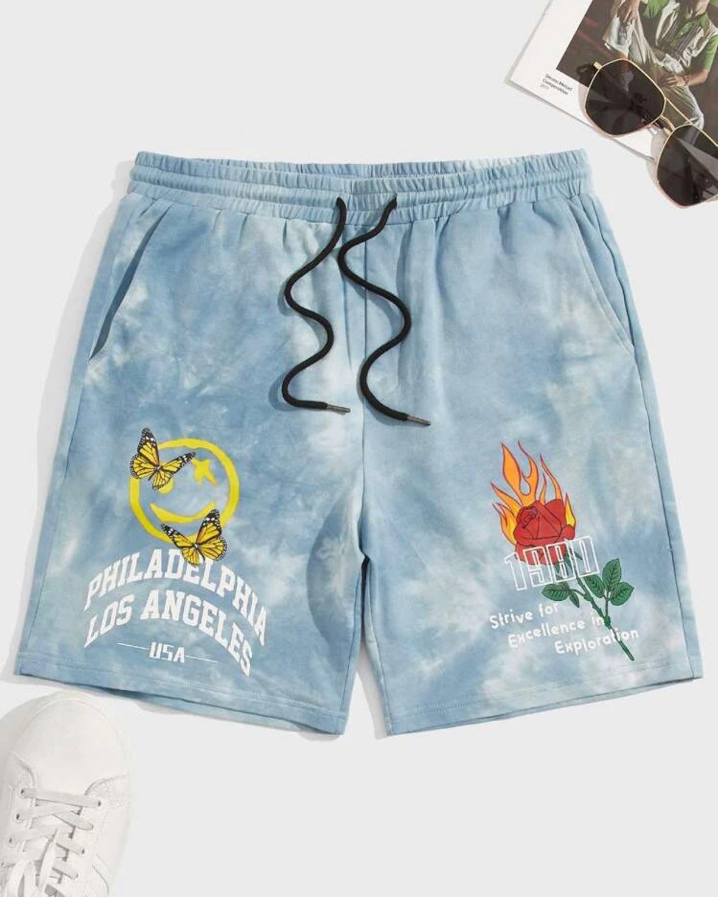 Men’s tie dye slogan graphic drawstring track shorts