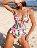 Floral print mesh panel one piece swimsuit