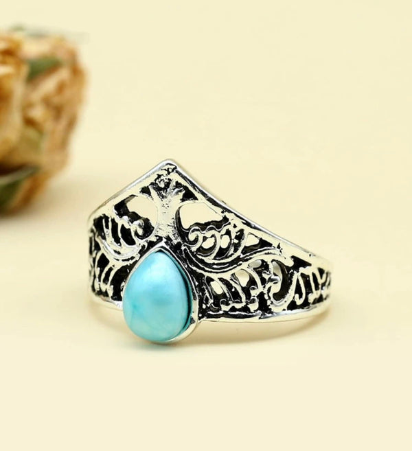 Tree design hollow out Larimar inspired ring. Size 8.