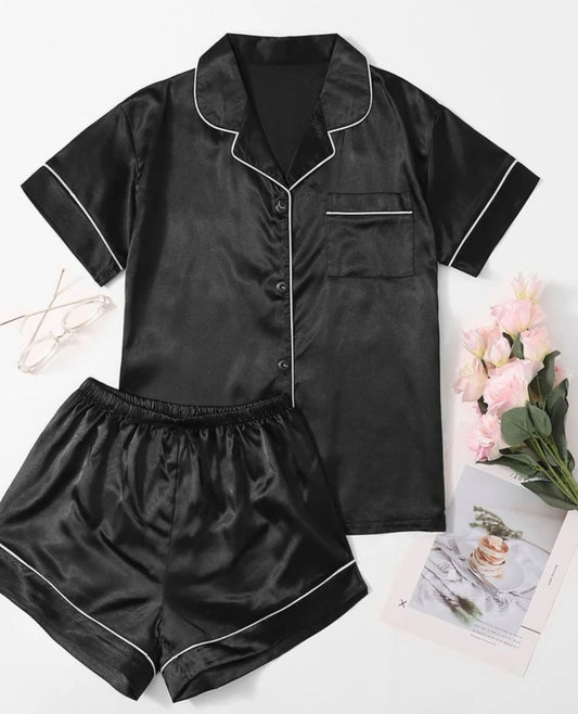 Plus contrast binding satin pajama set