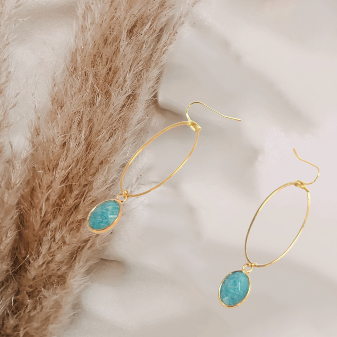 Gold Color blue green Oval Circle Natural Stone Faceted Gem Pendant Drop Earrings