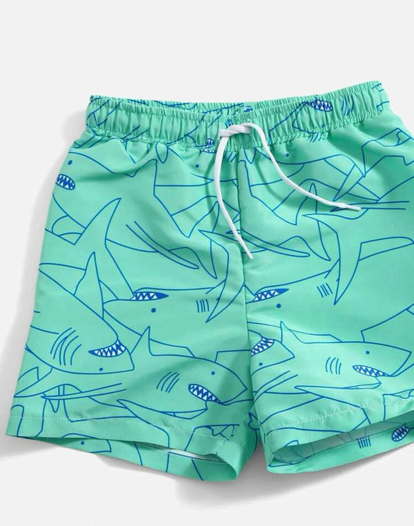 Toddler boys shark print swim shorts with cap