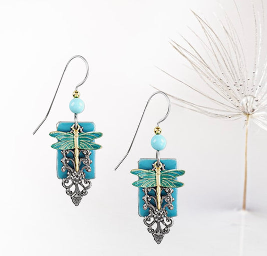 Silver Forest, dragonfly on turquoise rectangle dangle earrings.