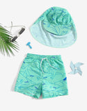 Toddler boys shark print swim shorts with cap