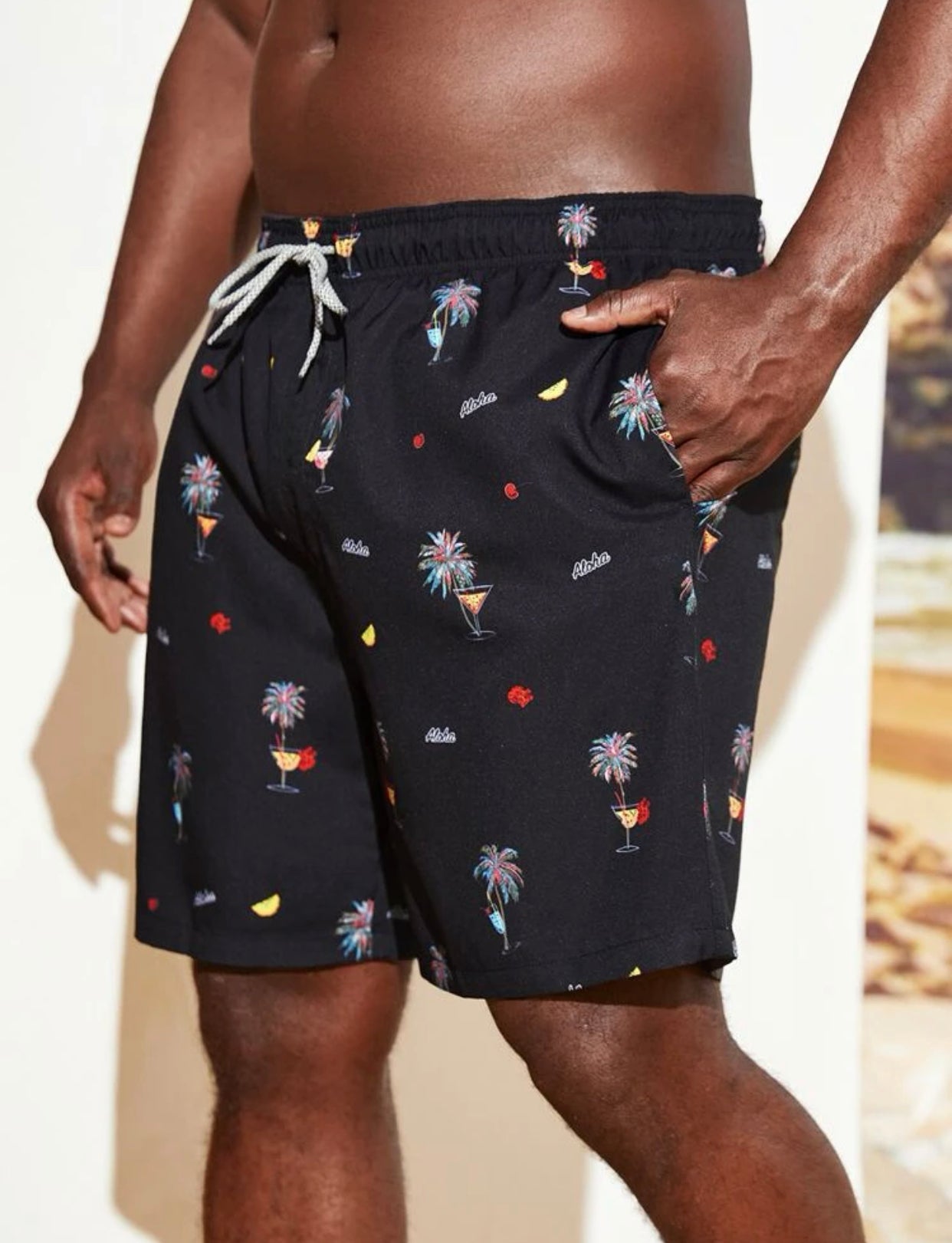 Men’s extended size random print palm tree & letter graphic drawstring waist swim trunks