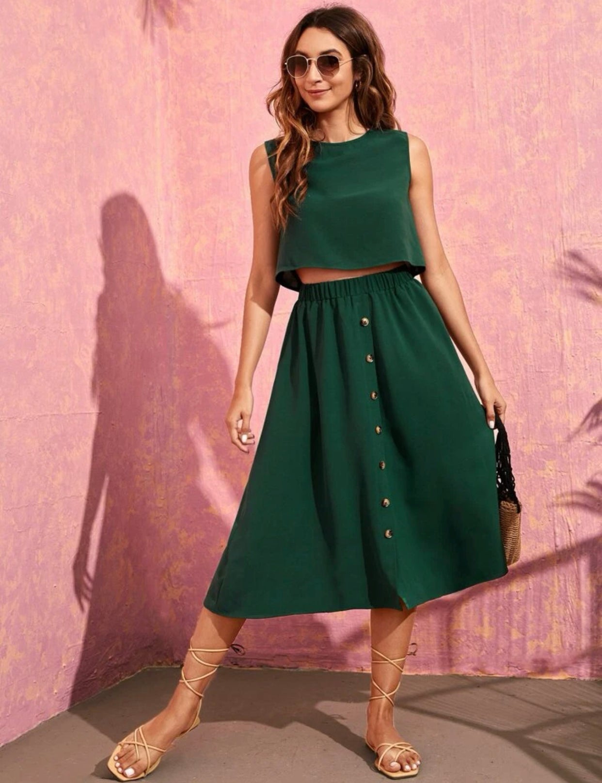Dark green solid top & button front flared skirt