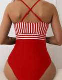 Red & white striped ruffle trim crisscross back one piece swimsuit