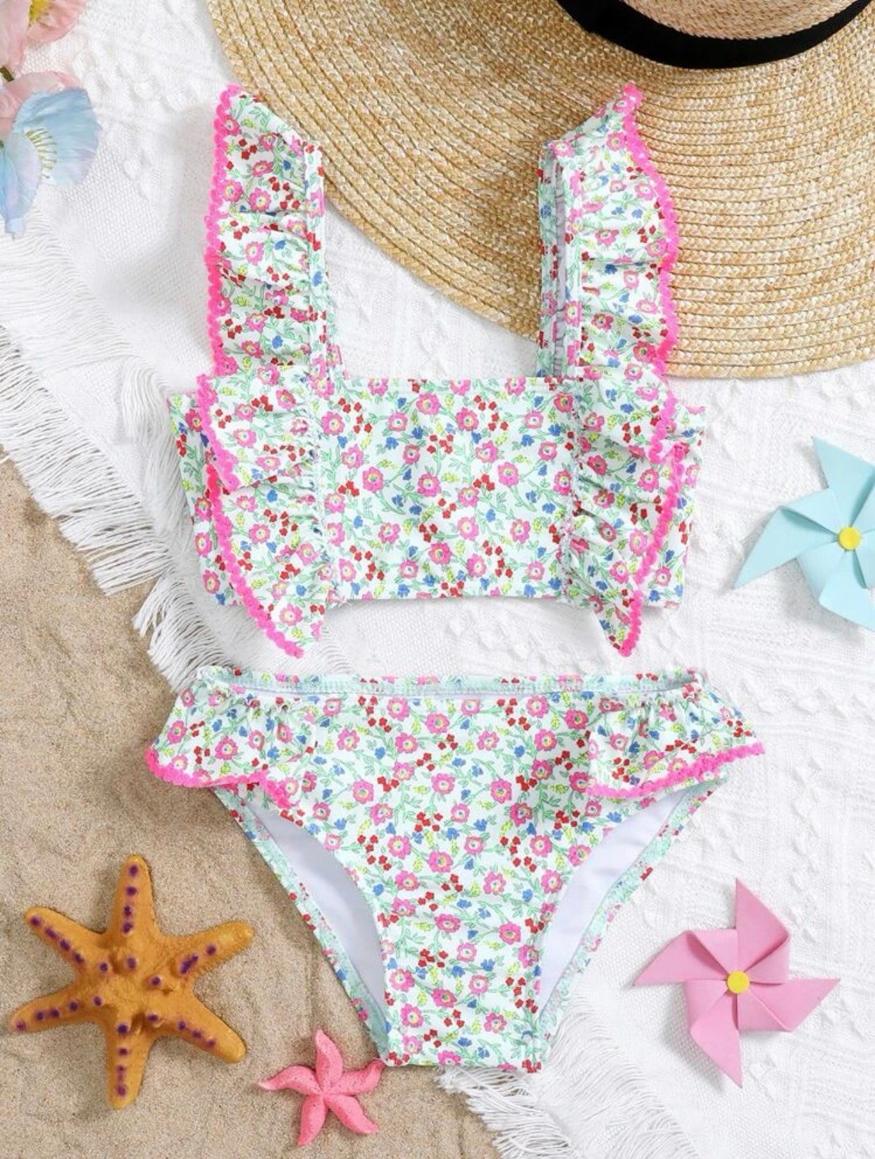 Toddler girls random floral print ruffle trim bikini swimsuit