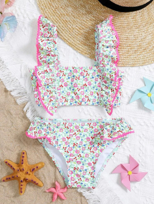 Toddler girls random floral print ruffle trim bikini swimsuit
