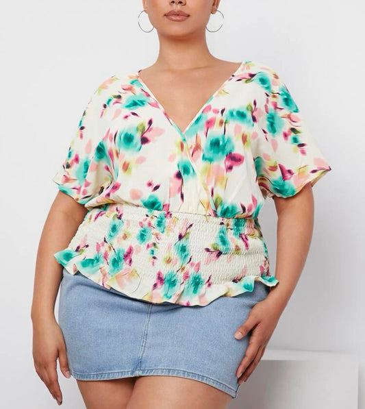 Curve and plus allover print overlap collar dolman sleeve shirred ruffle hem blouse