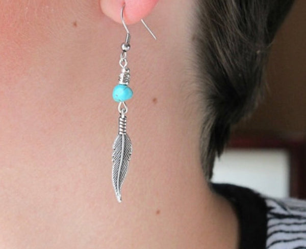 Rustic feather, turquoise decor dangle earrings