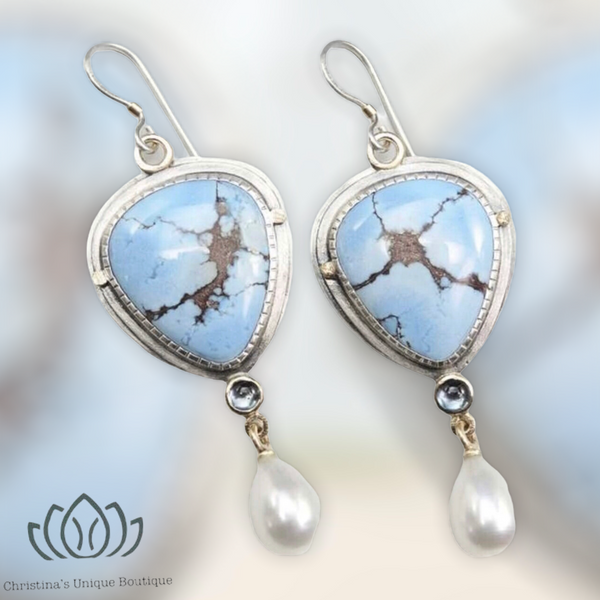 Light blue stone and Pearl feminine dangle earrings. - Christina’s unique boutique LLC