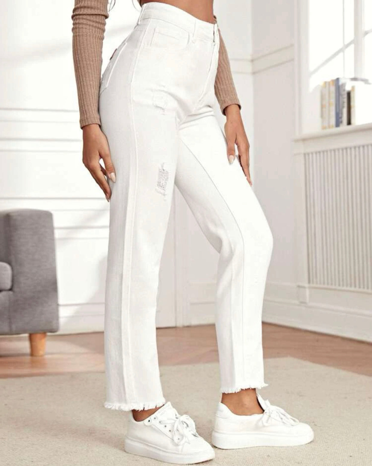 High waist letter patch ripped raw hem mom jeans