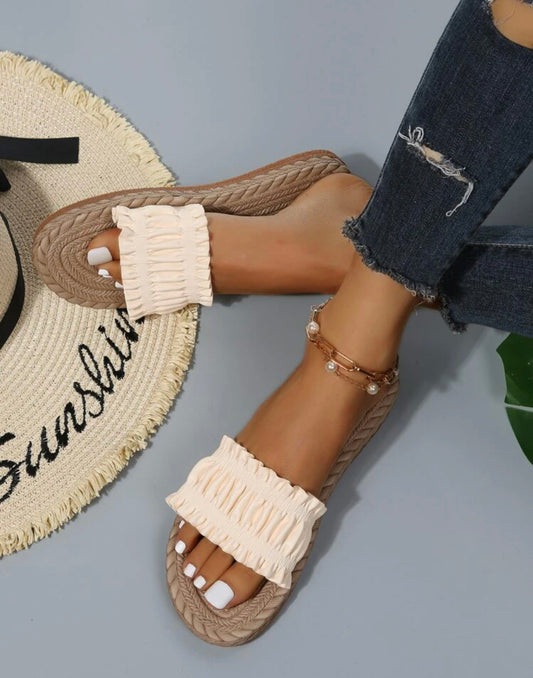 Ruched frill trim single band slide sandals