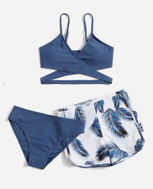 Teen girls plant print wrap bikini swimsuit with beach shorts