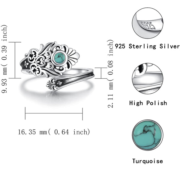 Sterling Silver Turquoise Spoon Ring - S925 Victorian Vintage style adjustable ring.