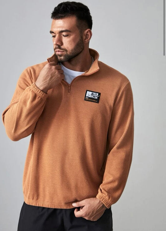 Extended sizes men letter patched zipper front sweatshirt