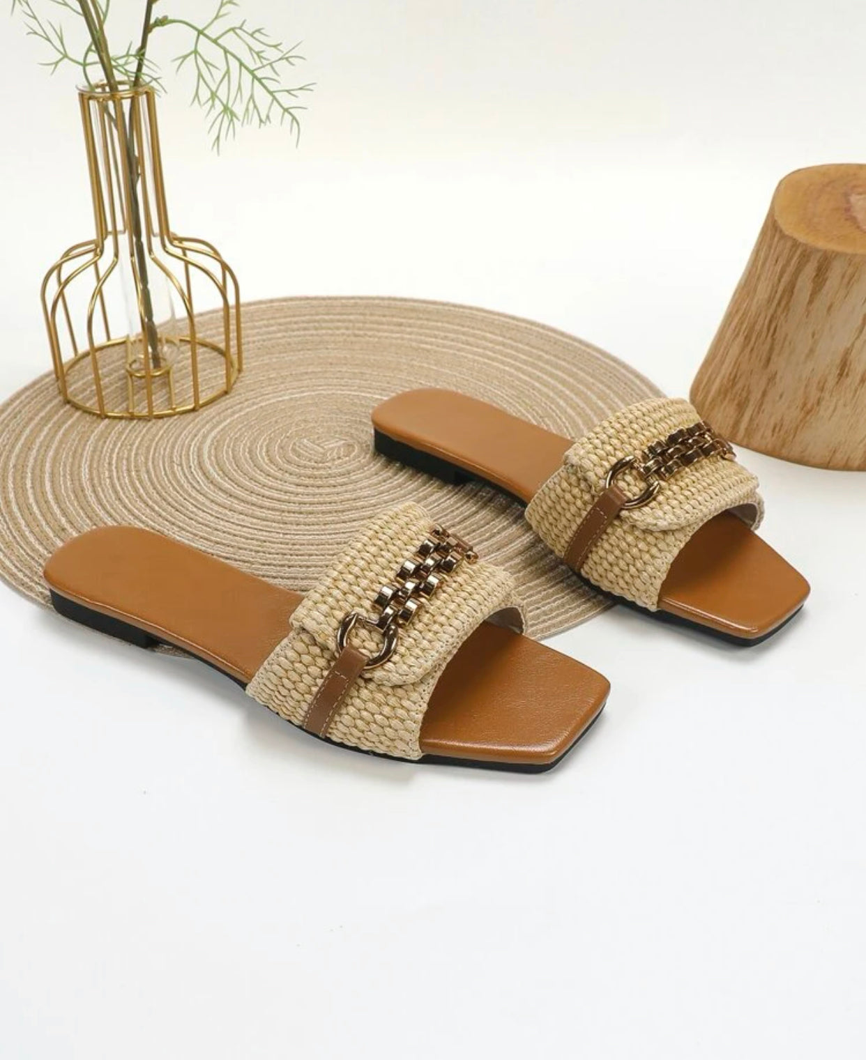 Chain decor braided detail slide sandals