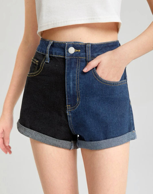 Teen Girls Roll Up Hem Colorblock Denim Shorts