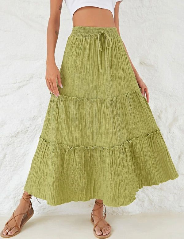 High waist drawstring shirred frill skirt