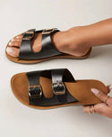 Black vegan leather dual buckle wide fit slide sandals