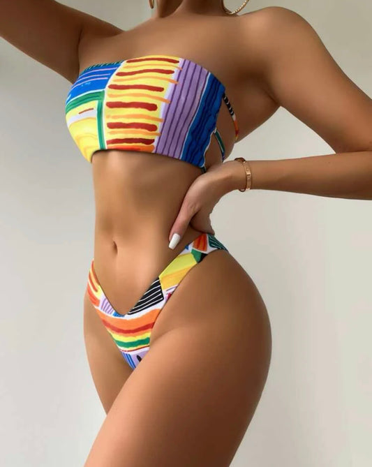 Striped halter bikini swimsuit