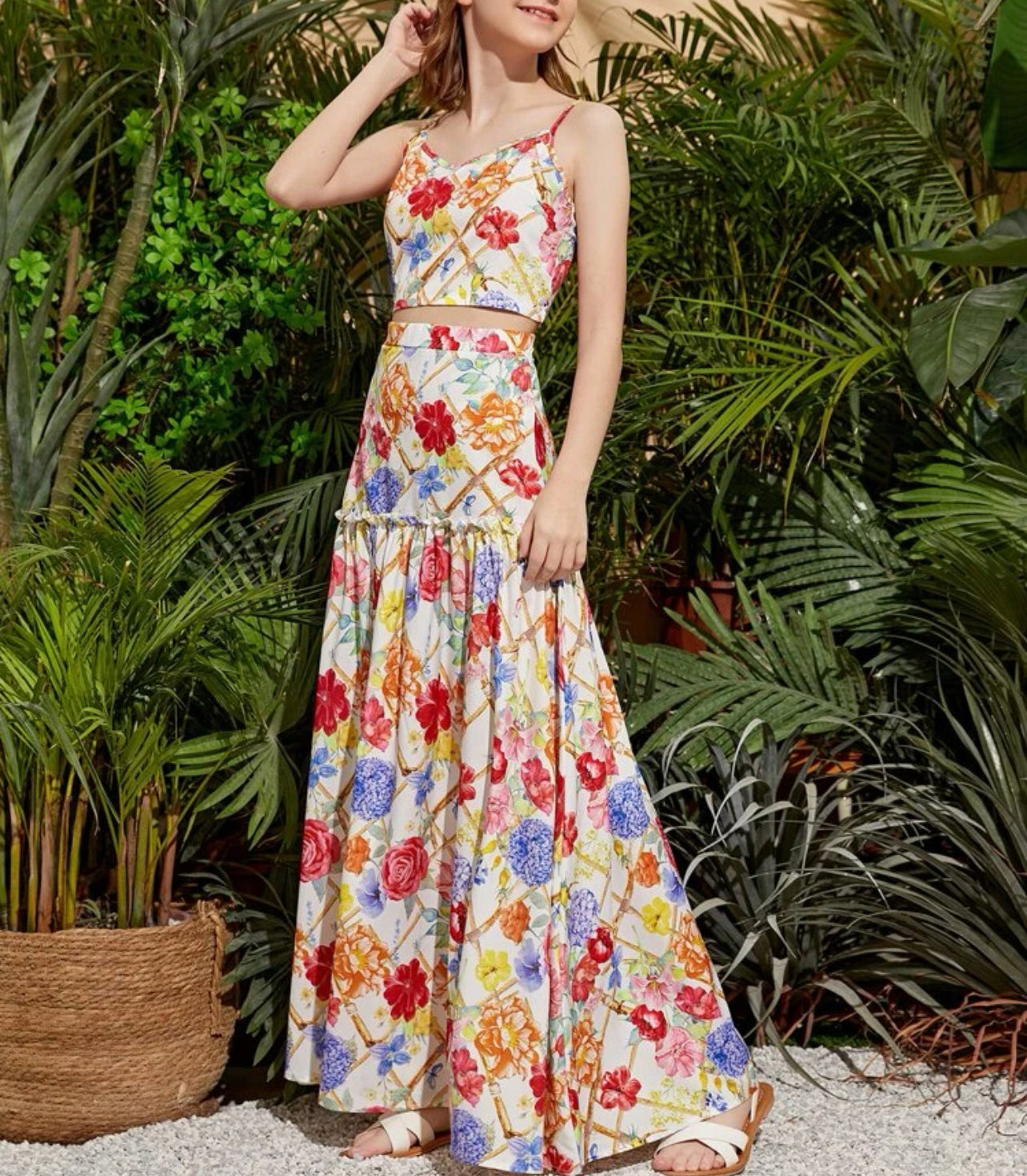 Teen Girls Floral Print Cami Top & Frill Trim Pleated Skirt