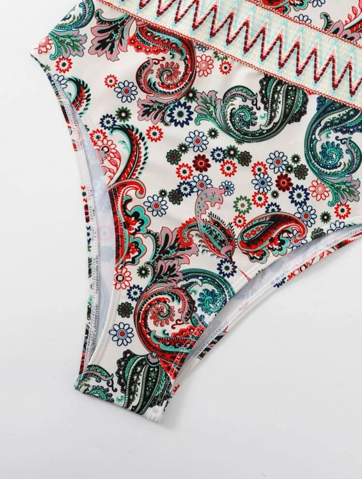 Paisley chevron stripe tape high neck one piece swimsuit