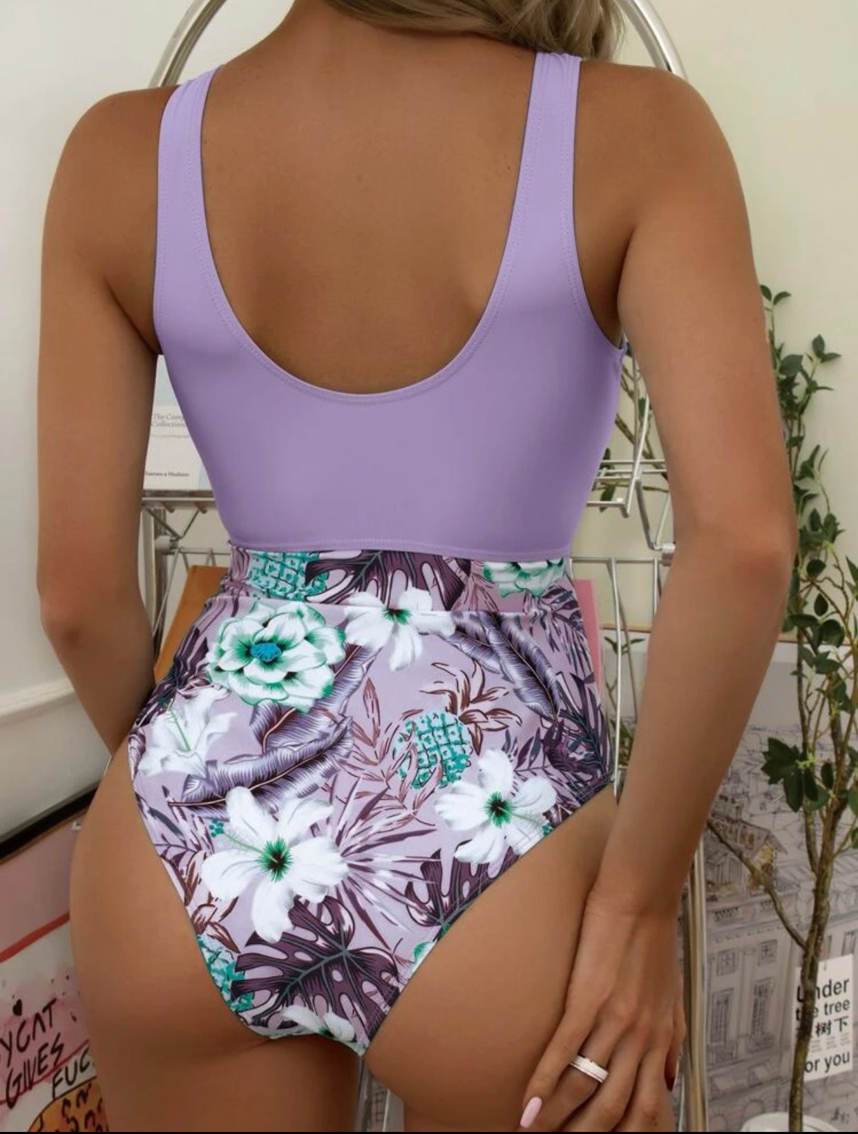 Random tropical print cut out one piece swimsuit