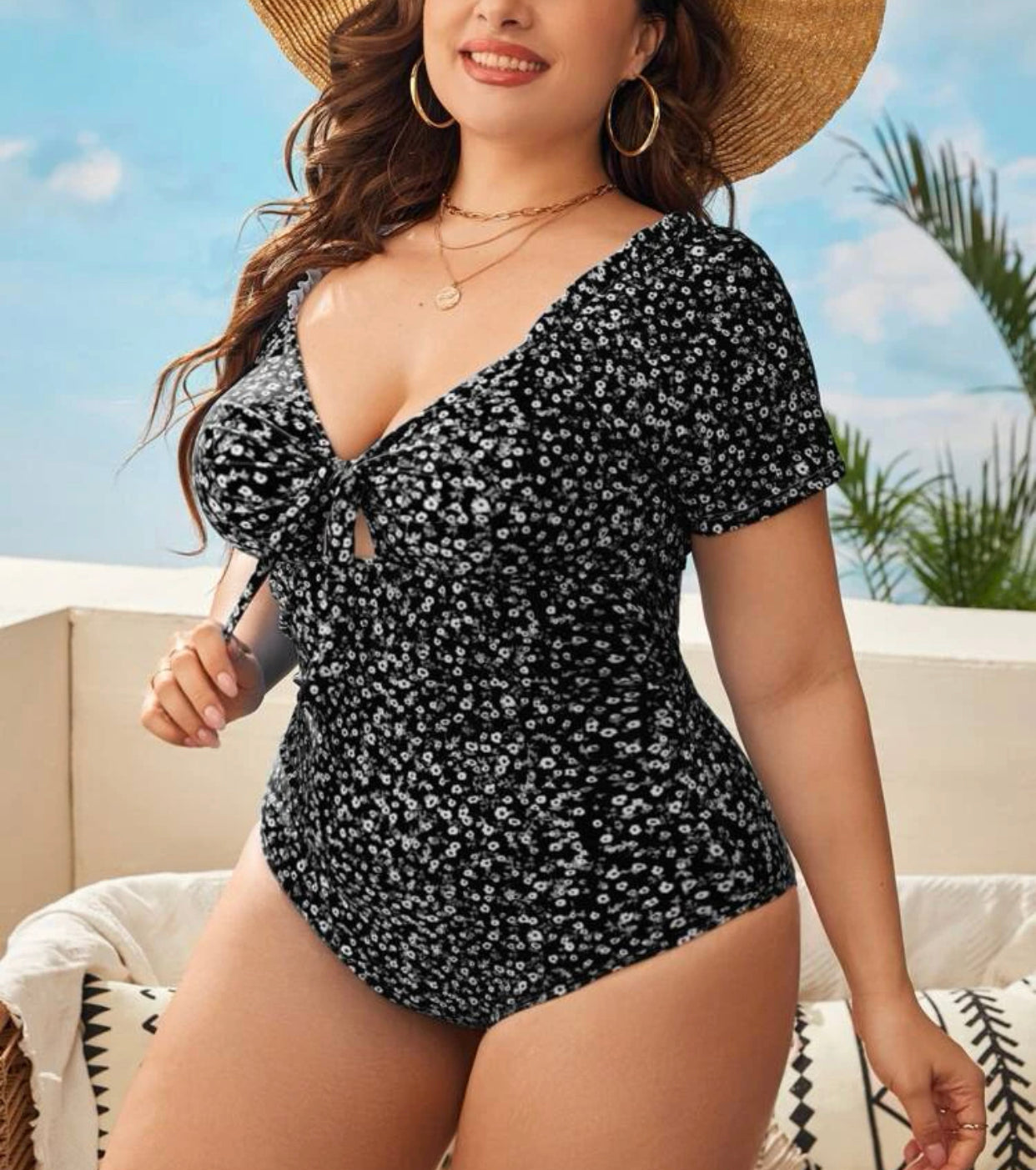 Curve & Plus floral print knot front one piece swimsuit