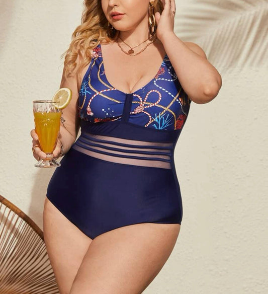 Curve and plus contrast mesh one piece swimsuit