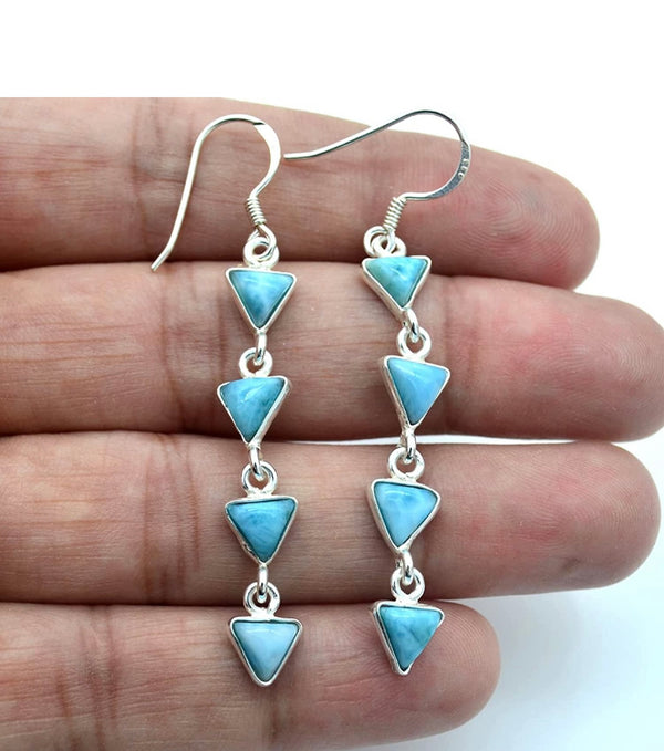 SILVER DESIGN Triangle Shaped Natural Larimar (7.50 Cts) Solid 925 Sterling Silver Gemstone Dangling Earrings Jewelry For Women or Girls
