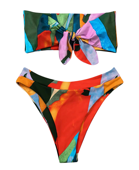 Women's Graphic Swimsuit Tie Front Bandeau and High Waist Panty Bikini Set Bathing Suit. Red (multicolor)