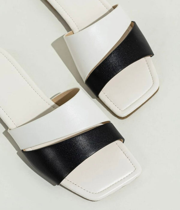 Two tone double strap slide sandals