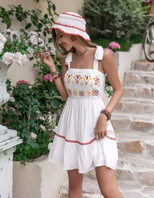 Floral embroidered tie shoulder ruffle hem cami dress