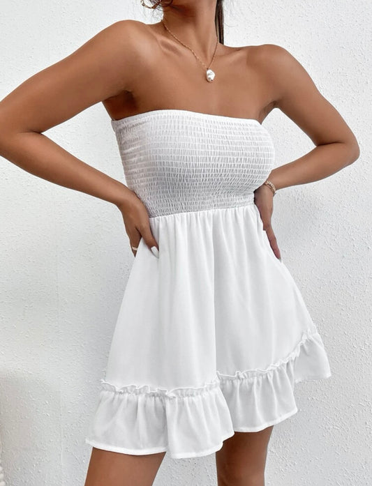 PETITE Cut Out Back Shirred Ruffle Hem Tube Dress