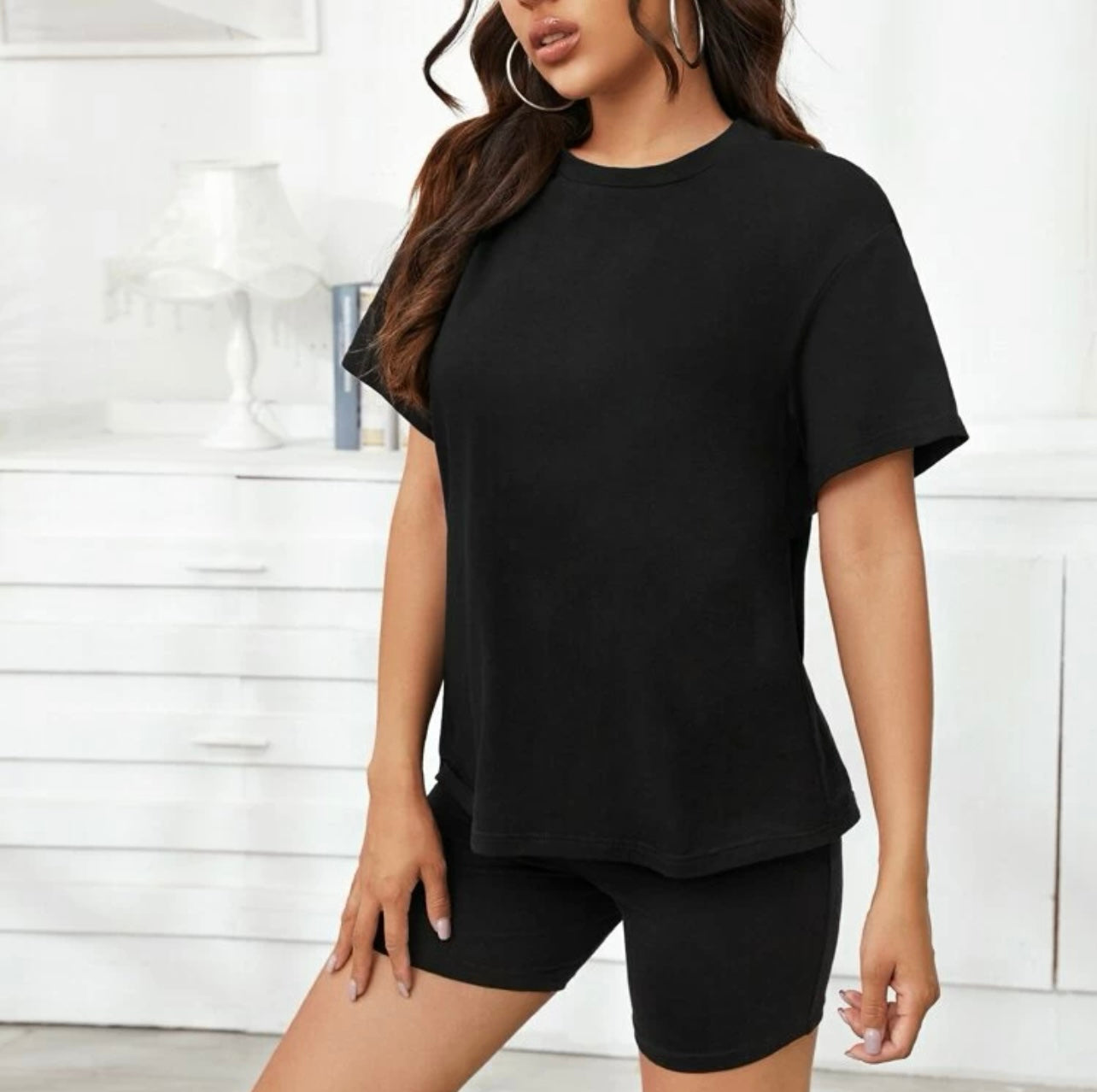 Drop shoulder tee and skinny shorts set without bag