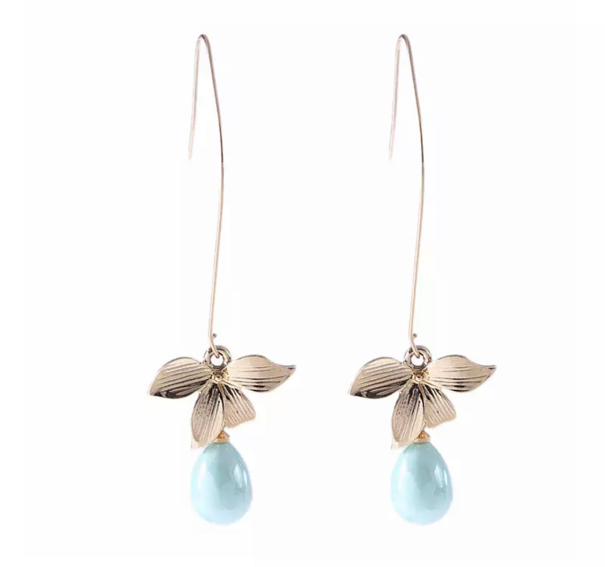 Delicate teardrop light blue stone trendy golden statement earrings