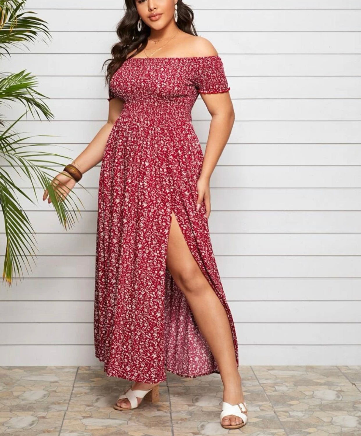 Curve & plus off shoulder shirred split ditsy floral dress