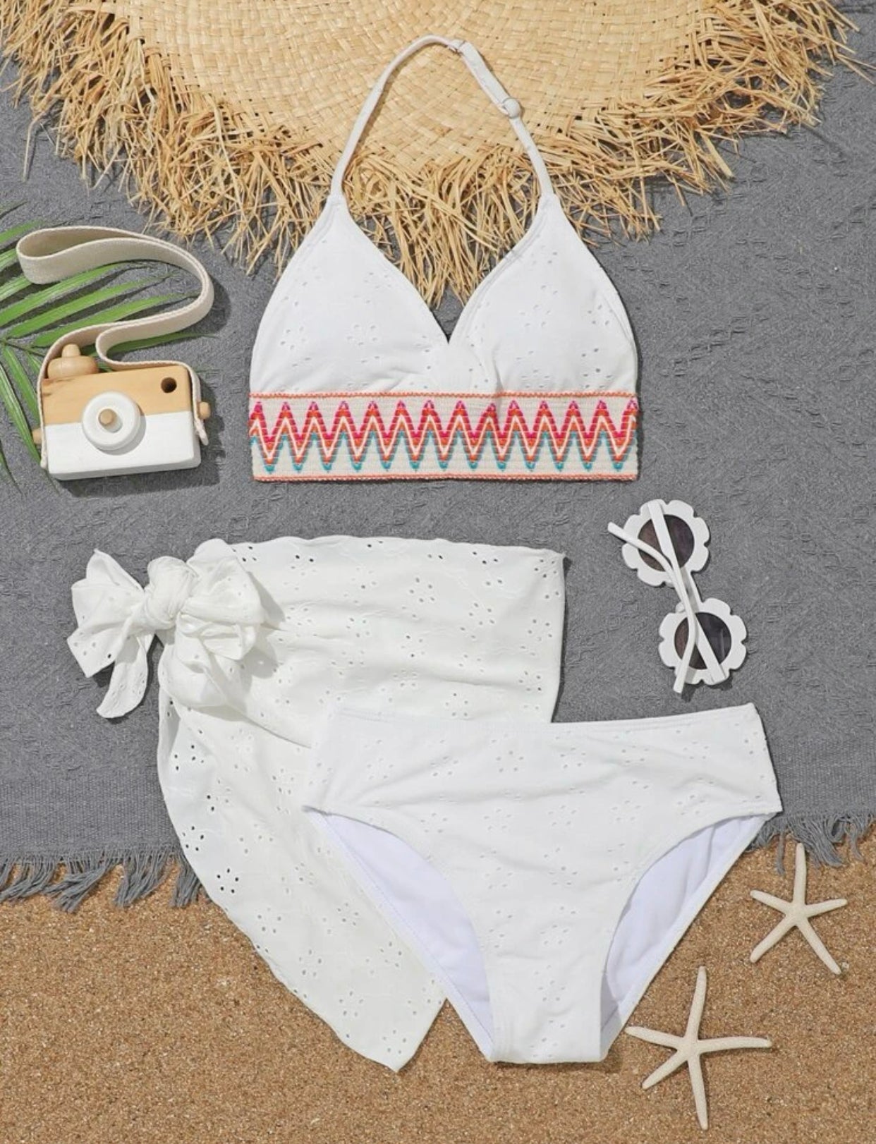 Girls 3 piece chevron print eyelet embroidered halter bikini swimsuit with cover up