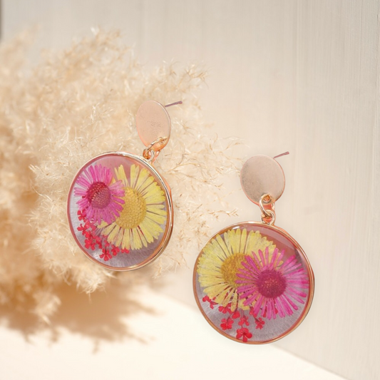 Dried flower decor round drop earrings
