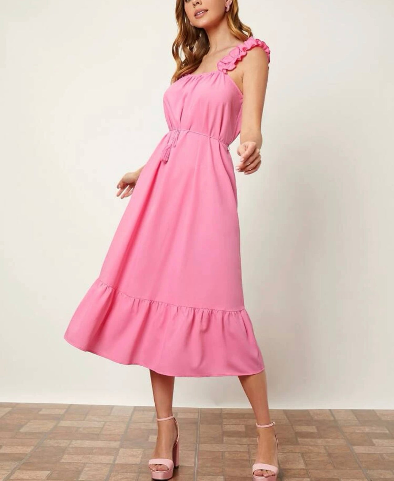 Ruffle Hem Tassel Belted Cami Dress