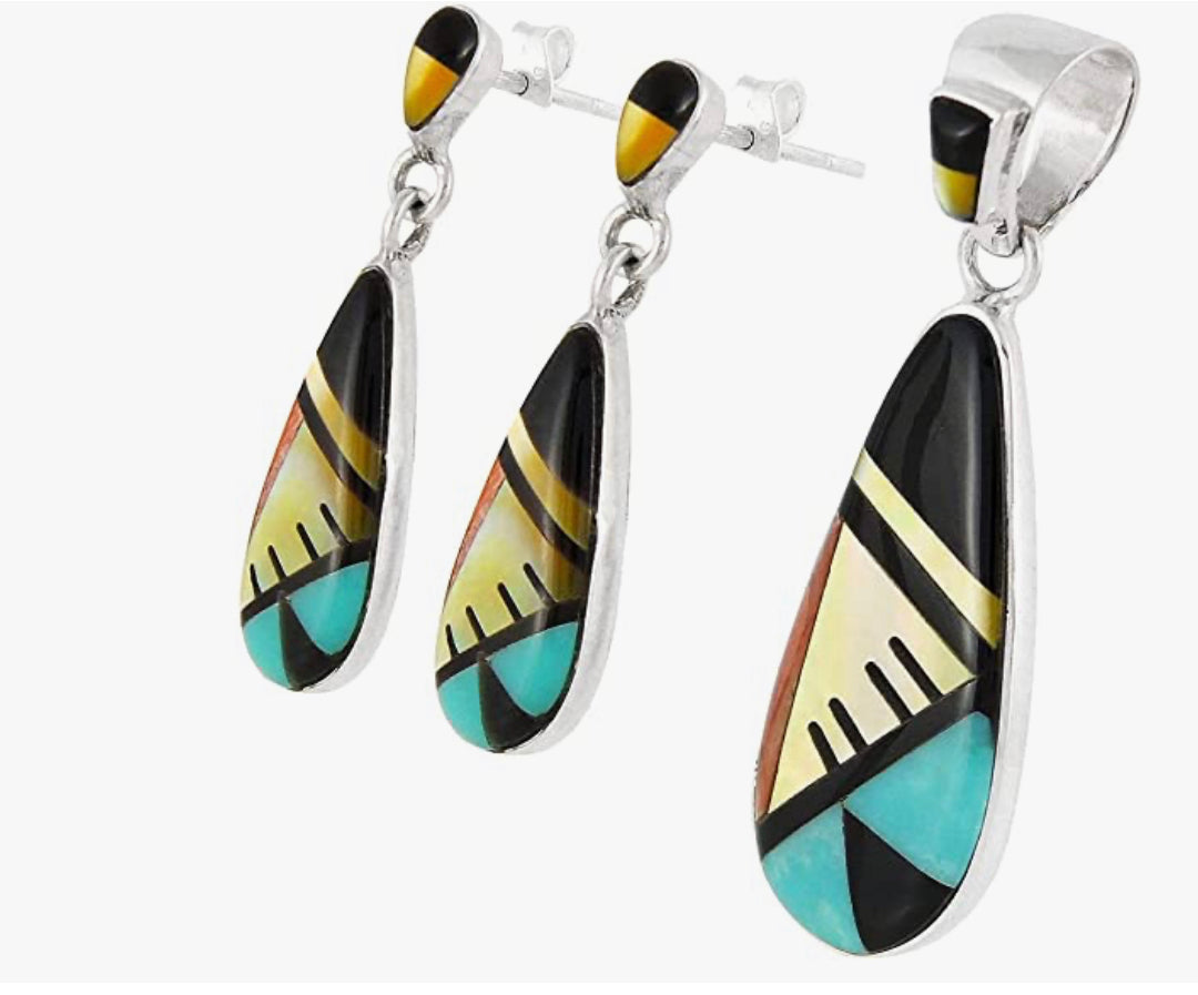 Matching Turquoise & Gemstones Set 925 Sterling Silver (Pendant, Earrings, Necklace 20")