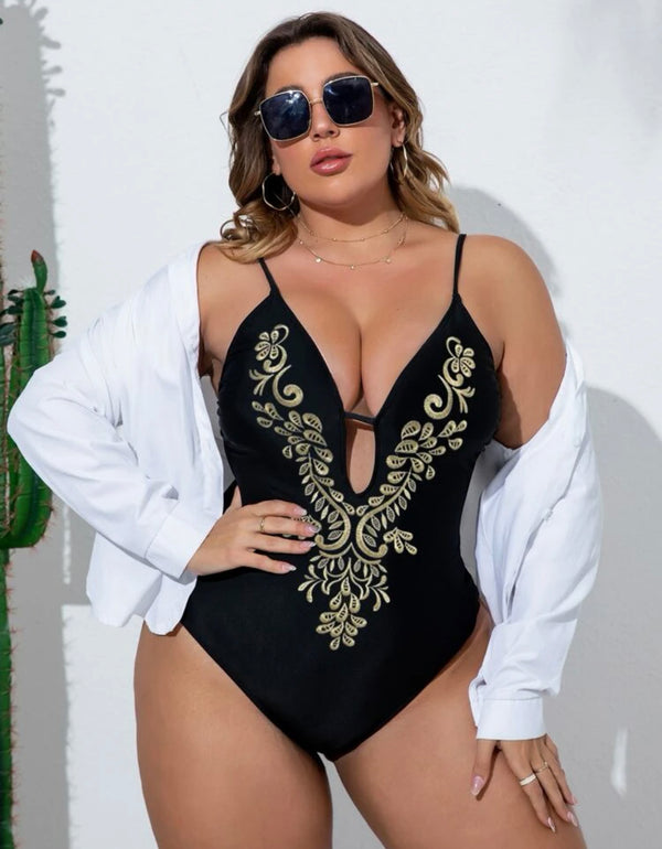 Curve & plus scroll embroidered cut out one piece swimsuit